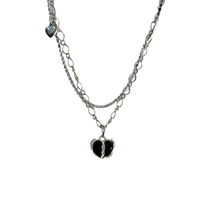 Niche Full Diamond Black Heart Pendant Necklace Jewelry For Women