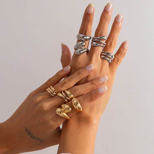 Geometric Vintage Irregular Alloy Ring Set With Unique-Shaped Pearls